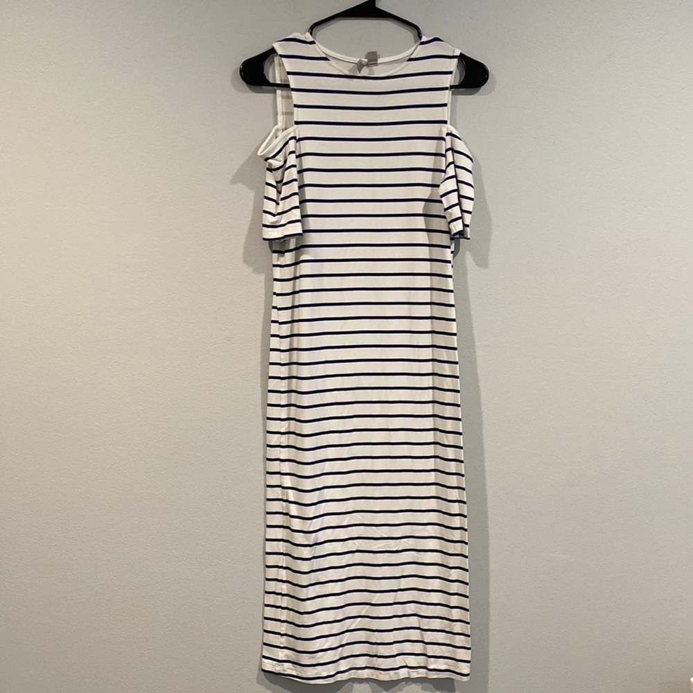 Asos Navy and White Stripped Off Shoulder Midi Dress - Size 6